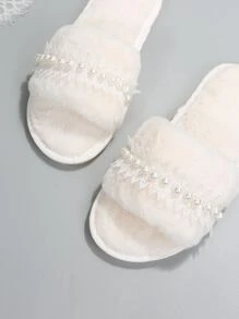 Fall/Winter Women Faux Pearl Decor Solid Color Open Toe Fluffy Slippers - White - View 3