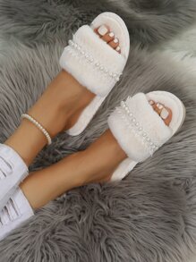 Fall/Winter Women Faux Pearl Decor Solid Color Open Toe Fluffy Slippers - White - View 5