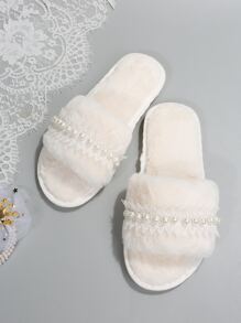 Fall/Winter Women Faux Pearl Decor Solid Color Open Toe Fluffy Slippers - White - View 6