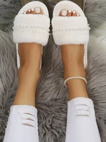 Fall/Winter Women Faux Pearl Decor Solid Color Open Toe Fluffy Slippers - White - View 7