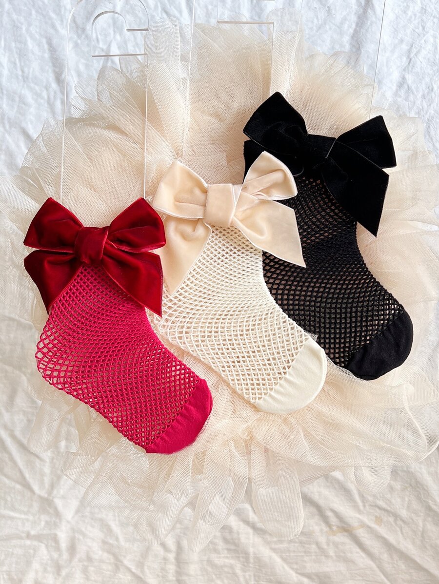 3雙小女童蝴蝶結裝飾漁網襪 - 彩色 - 查看 1