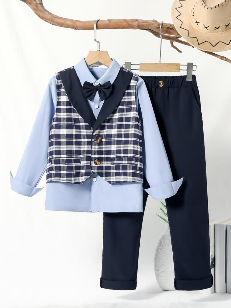 SHEIN Tween Boy Plaid Print Vest Blazer & Solid Shirt & Pants - Blue - View 1