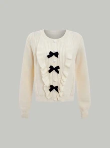 SHEIN MOD Bow Front Ruffle Trim Cardigan - Beige - View 1