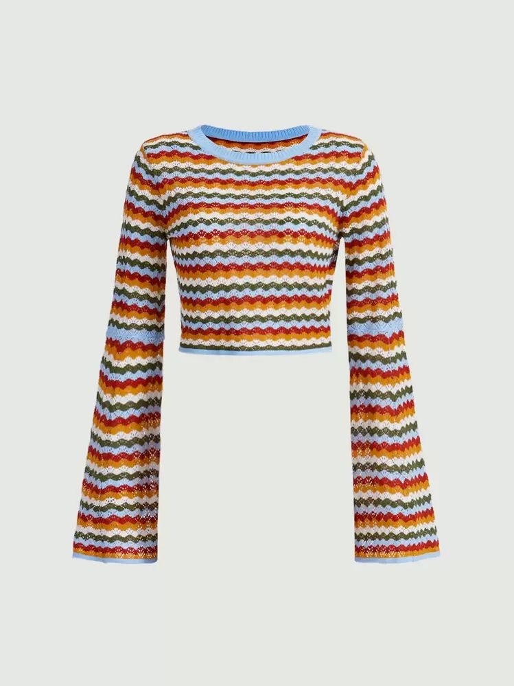 SHEIN MOD Jersey con patrón de cheurón de color combinado manga de campana - Multicolor - Ver 1