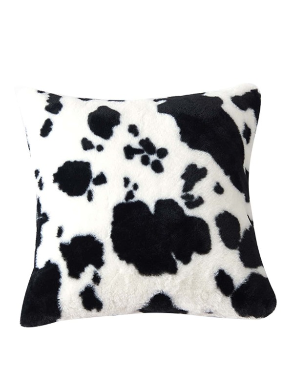 Cow Print Throw Pillow Covers 1pc Western Cow Decor Fluffy Decorative Pillow Covers For Sofa, Couch, Living Room-Black