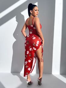 SHEIN SXY 印花褶邊抽繩高衩洋裝 - 紅色 - 查看 2