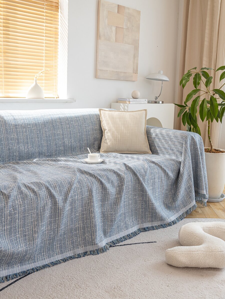 1pc Fringe Trim Khăn Sofa - Màu xanh lam - Xem 1