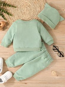 Baby Boy Cartoon Graphic Sweatshirt & Joggers & Hat - Mint Green - View 2
