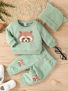 Baby Boy Cartoon Graphic Sweatshirt & Joggers & Hat - Mint Green - View 3