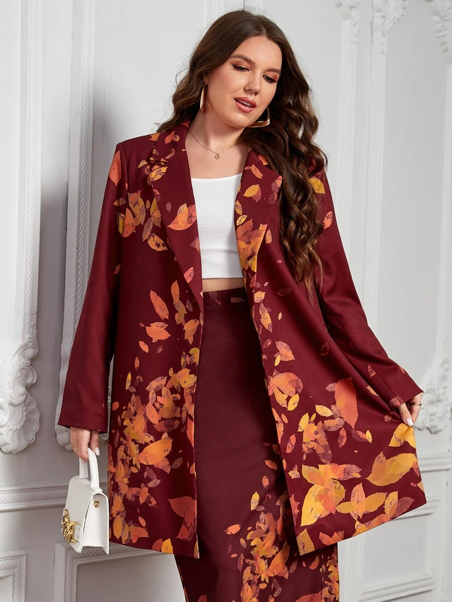 AshuriiCouture 大碼樹葉印花開門襟西裝外套不附腰帶 - 酒紅色 - 查看 1