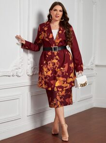 AshuriiCouture 大碼樹葉印花開門襟西裝外套不附腰帶 - 酒紅色 - 查看 4