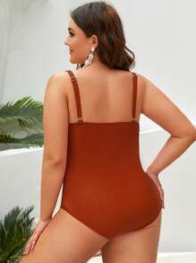 SHEIN Swim Curve Summer Beach Plus Size Ruched Wrap Cross Push Up One-Piece Swimsuit Bathing Suit - Rust Brown - View 2