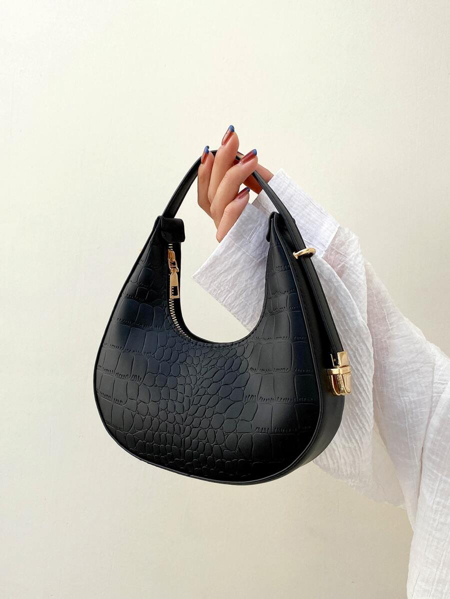 Lightweight,Business Casual Fashionable Solid Color Hobo Bag Crocodile Embossed Top Handle Bag Stylish Crescent Purses For Teen Girls Women College Students,Rookies & White-collar Workers Perfect for Office,College,Work ,Business,Commute,Outdoors, Travel, Outings - Black - View 1