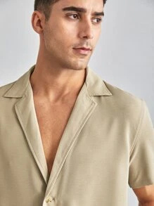 SHEIN X MOHA Manfinity Homme Áo sơ mi Nam Nút màu trơn Giải trí - Màu be - Xem 7