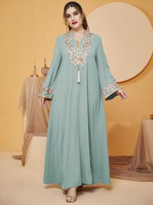 Al Najma Plus Floral Embroidery Tassel Tunic Maxi Dress