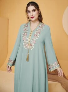 Al Najma Plus Floral Embroidery Tassel Tunic Maxi Dress