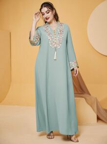 Al Najma Plus Floral Embroidery Tassel Tunic Maxi Dress