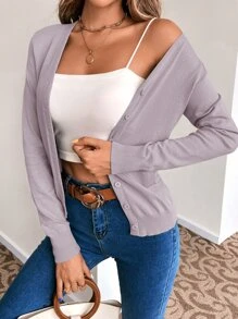 SHEIN LUNE Solid Button Front Cardigan - Dusty Purple - View 4