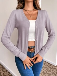 SHEIN LUNE Solid Button Front Cardigan - Dusty Purple - View 5