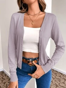 SHEIN LUNE Solid Button Front Cardigan - Dusty Purple - View 6