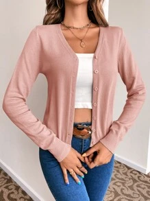 SHEIN LUNE Solid Button Front Cardigan - Dusty Pink - View 5