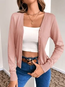 SHEIN LUNE Solid Button Front Cardigan - Dusty Pink - View 6