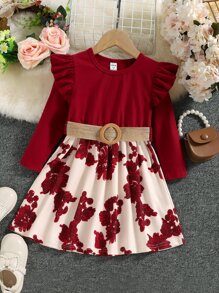 SHEIN Cô Gái Trẻ In hoa Viền Ruffle Váy có thắt lưng - Nhiều màu - Xem 1