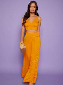 SHEIN BAE Ruched Bust Crop Cami Top & Shirred Waist Wide Leg Trousers Set - Orange - View 4