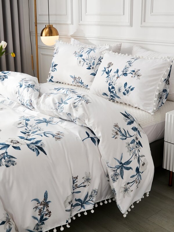 Pom Pom Floral Duvet Cover Set Twin Queen King Size Country Farmhouse Bedding Set 3 Pcs Super Soft Microfiber Duvet Cover 1 Duvet Cover With Zipper 2 Pillowcases No Comforter Gifts For Women