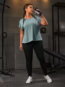 SHEIN Sports Áo thể thao Plus Size Hội Chữ thập Chia Ruy băng Lá thư - Màu xanh bụi bặm - Xem 4