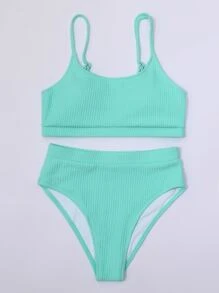 Conjunto de bikini de cintura alta con textura lisa, para vacaciones en la playa de verano - verde menta - Ver 3