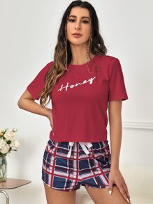 Bộ đồ ngủ Nữ Nơ Bướm Lá thư Sọc ca rô Giải trí - Nhiều màu - Xem 4