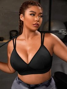 Yoga Basic 大碼素色後背十字交叉運動型胸罩 - 黑色 - 查看 3