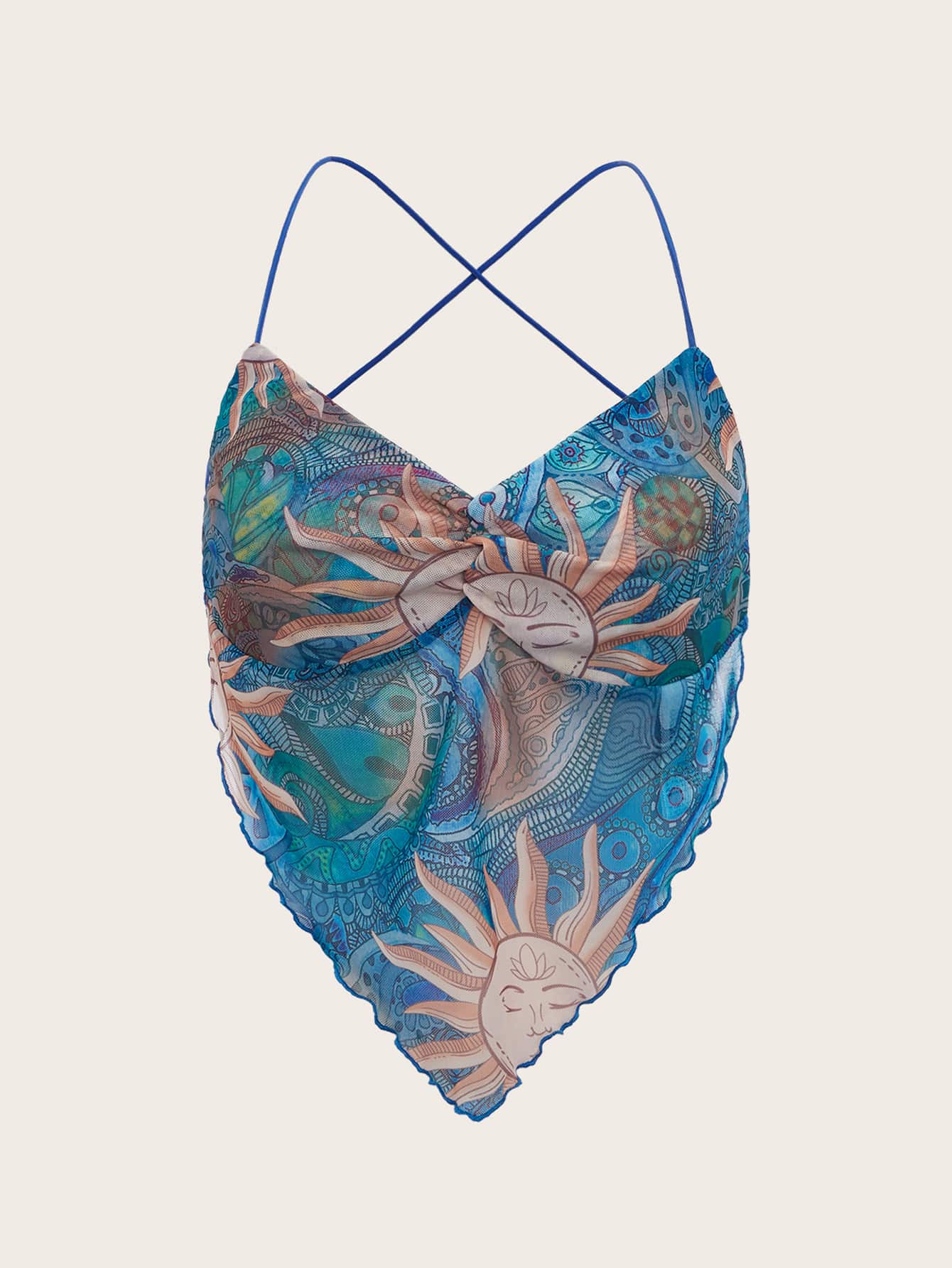 SHEIN ICON Paisley & Cartoon Graphic Criss Cross Backless Bandana Hem Mesh Cami Top