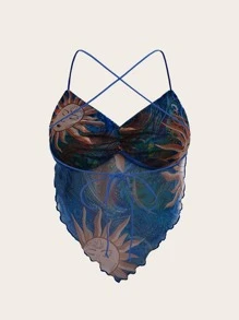 SHEIN ICON Paisley & Cartoon Graphic Criss Cross Backless Bandana Hem Mesh Cami Top