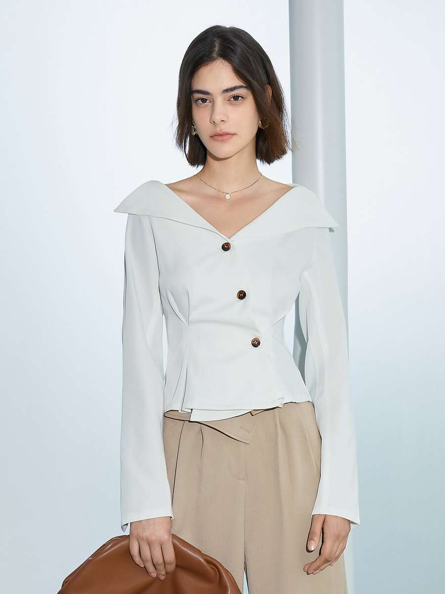 SHEIN Black Friday x Star Picks 素色前紐扣拼接細節襯衫 - 白色 - 查看 1