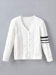 Boys Stripe Pattern Argyle Knit Cardigan - White - View 1