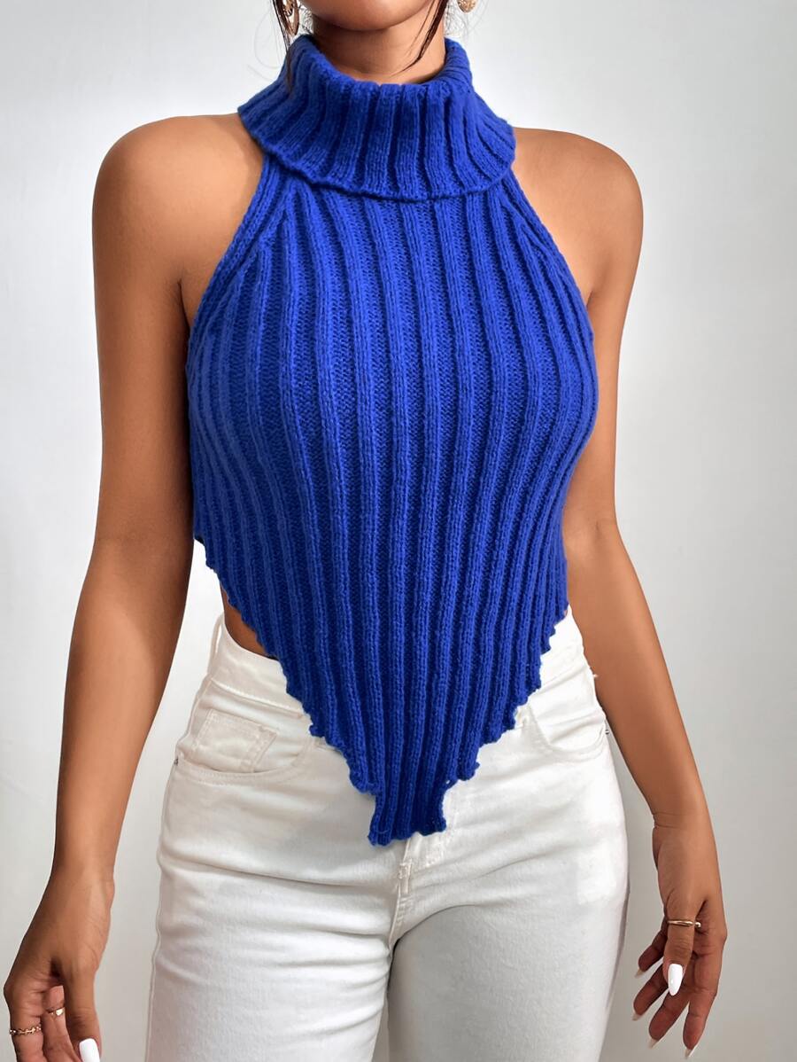 SHEIN Essnce Bandana Hem Turtleneck Knit Top - Blue - View 1