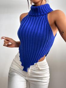 SHEIN Essnce Bandana Hem Turtleneck Knit Top - Blue - View 3