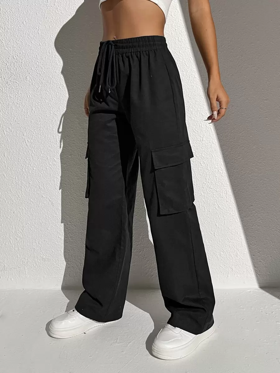 Muchica Flap Pocket Drawstring Waist Cargo Trousers - Black - View 1