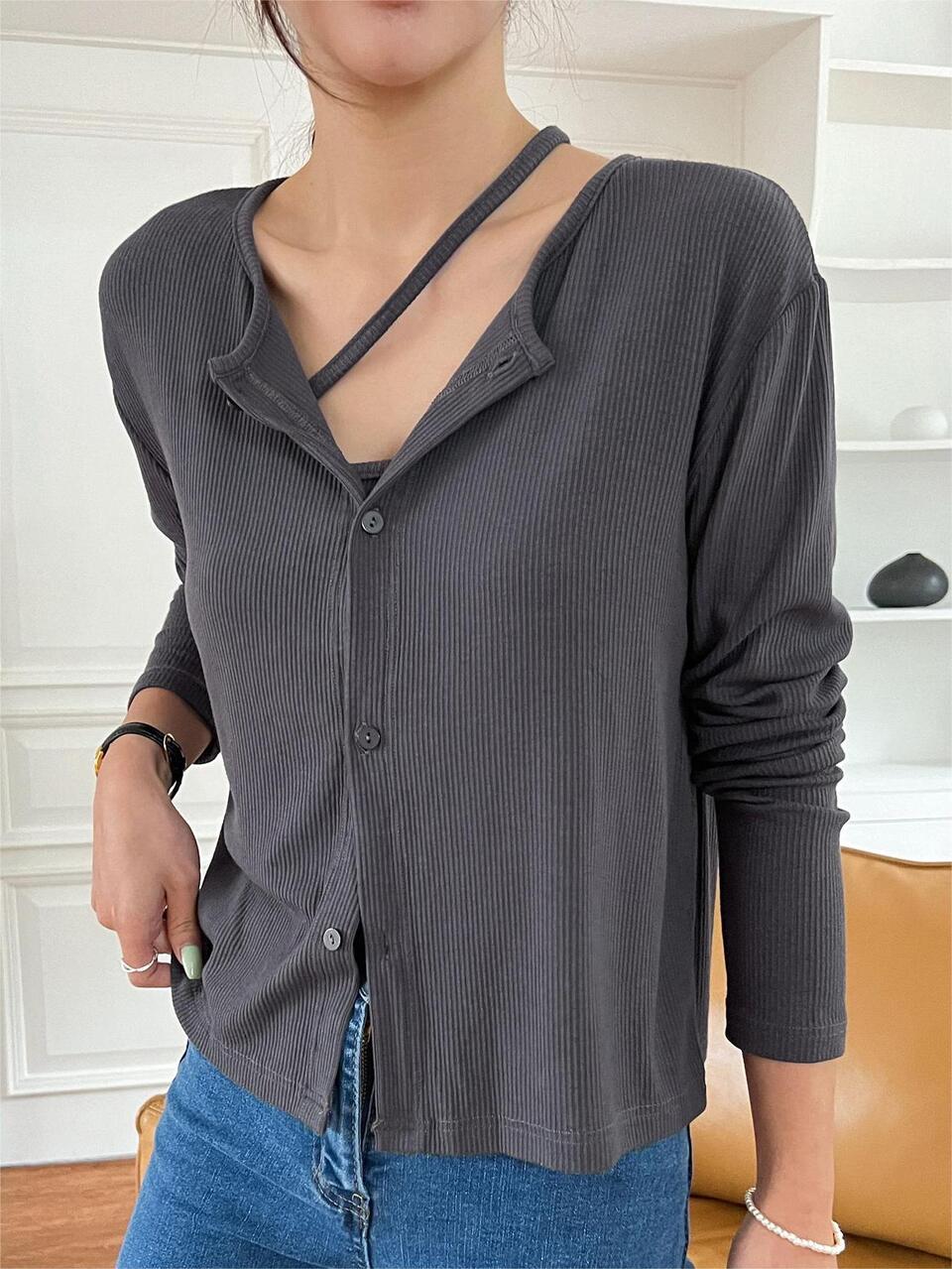 Rib-knit One Shoulder Top & Button Front Tee