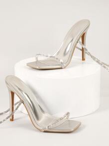 Hauture Women Rhinestone Decor Stiletto Heeled Strappy Sandals, Glamorous Party Heeled Sandals For Wedding Party - Silver - View 2