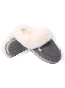 Suedette Fuzzy Trim Bedroom Slippers,Lady's Gray Warm Fluffy Cozy Indoor Home Slippers - Grey - View 1