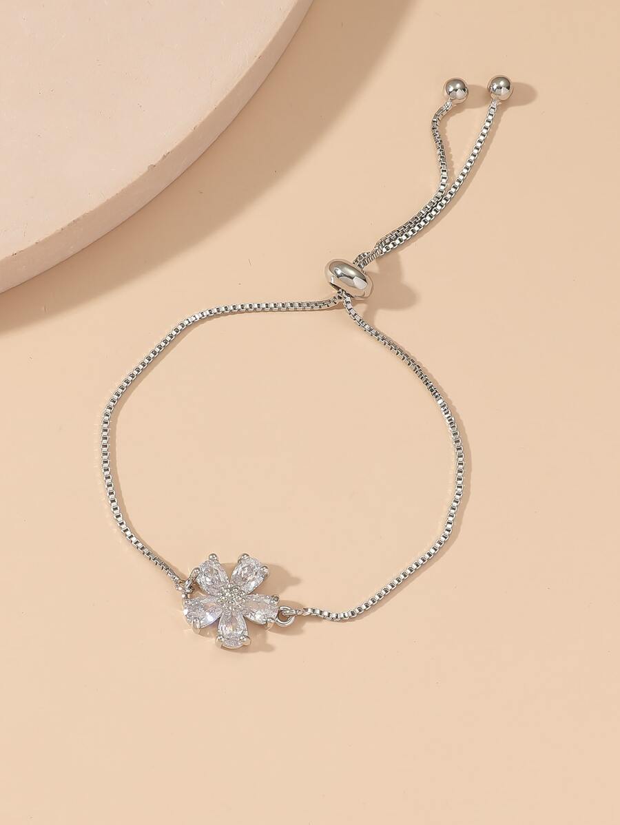 1 pieza Pulsera con cordón ajustable con decoración de cobre y circonita con diseño floral Perfecto para mujer Uso diario, citas y fiesta - Plateado - Ver 1