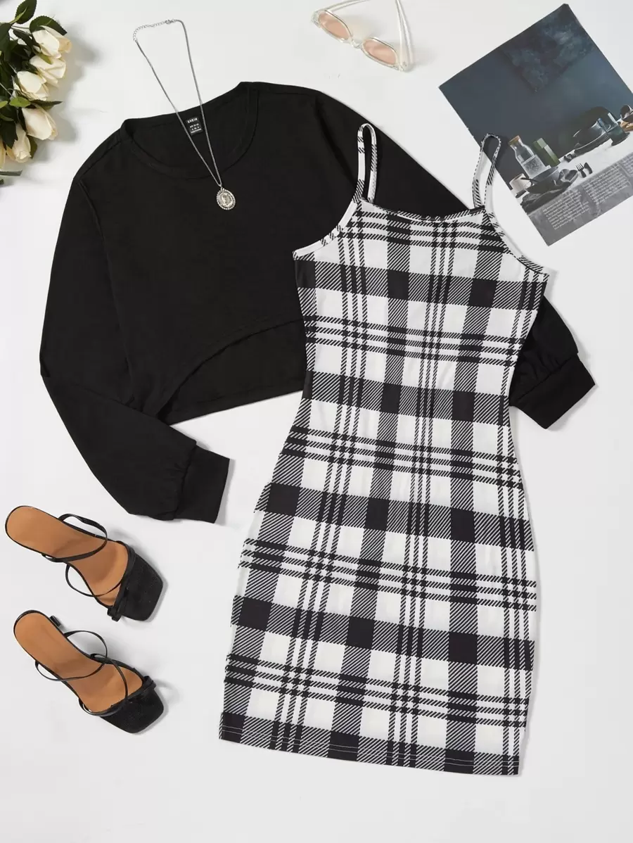 SHEIN Unity Solid Tee & Plaid Print Cami Dress Fall Cloth For Women - Multicolor - View 1