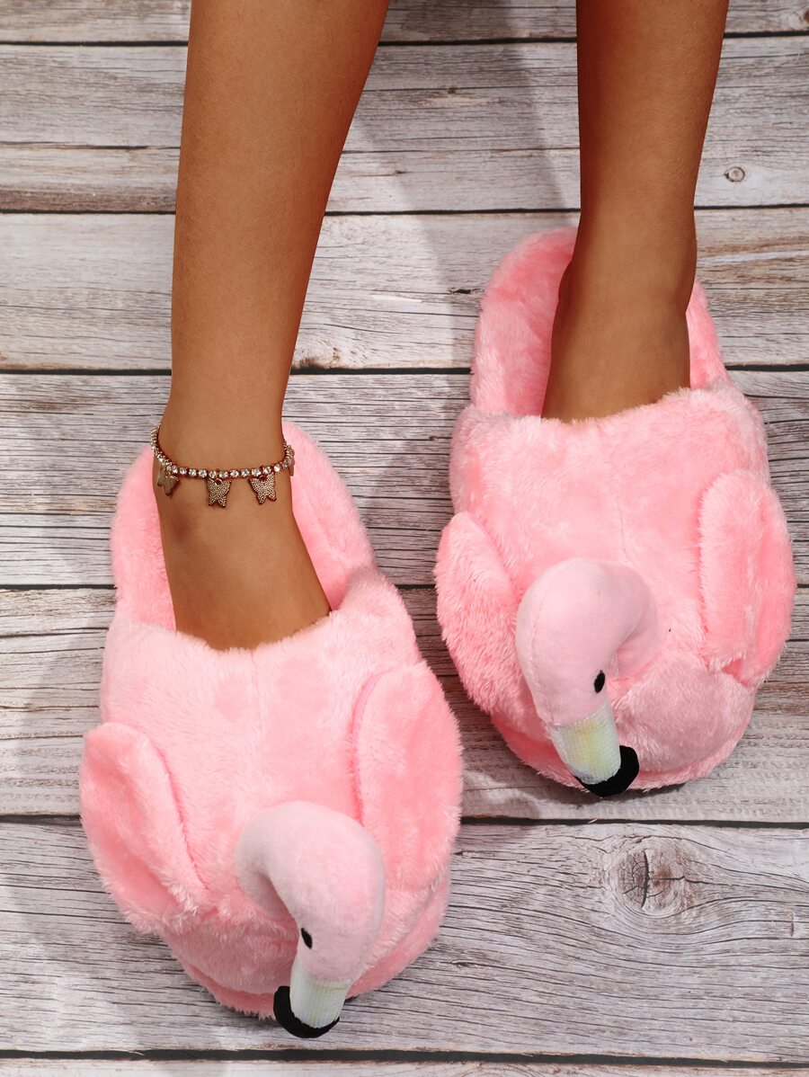 Flamingo Design Fluffy Novelty Slippers - Pink - View 1