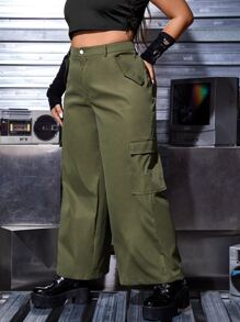 ROMWE PUNK Plus Flap Pocket Side Cargo Trousers - Army Green - View 1