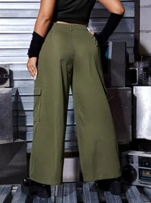 ROMWE PUNK Plus Flap Pocket Side Cargo Trousers - Army Green - View 2