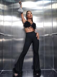 Solid Backless Fuzzy Halter Top & Flare Leg Pants