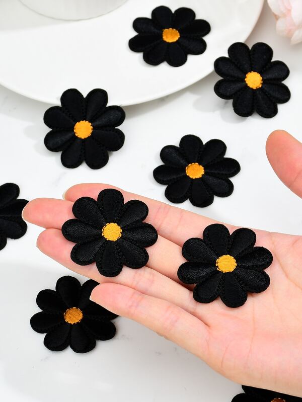 10pcs Black Flower Sew-On Fabric Patches For Clothing Accessories, DIY Sewing, Decorative Embellishments